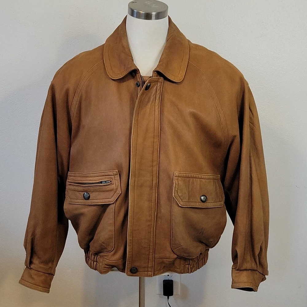 Fog London Fog Men's Soft Fawn Leather Bomber Jacket Lined Sz L Reg.